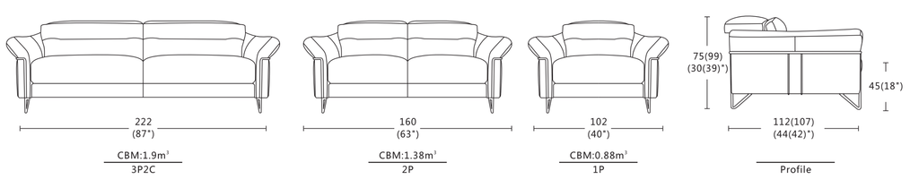 Dimensions of Sylvaine Sofa / Power Incliner + Adjustable Headrest / Fabric